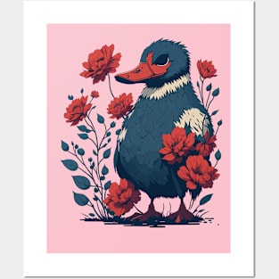 Duck With Red Flowers Posters and Art